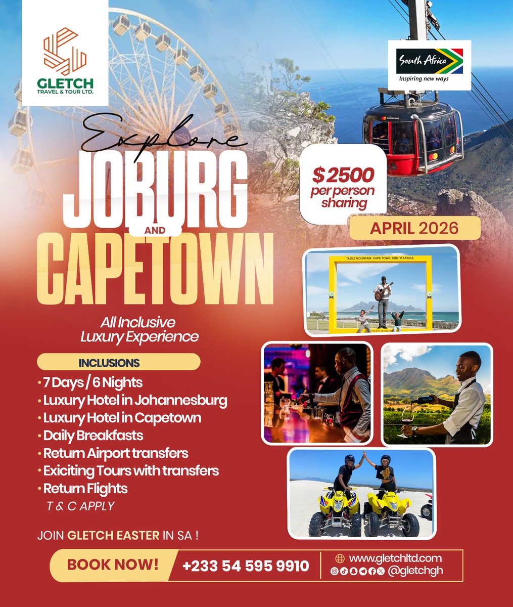 gletchGH's tweet photo. We’re exploring Cape Town &amp; Johannesburg this season with @travel2sa 🇿🇦
From breathtaking views to vibrant culture and unforgettable adventures, it’s more than just a trip. It’s a life-changing experience.
Reserve your spot today and be part of the journey. ✨🌍✈️ https://t.co/8dmcs25az9