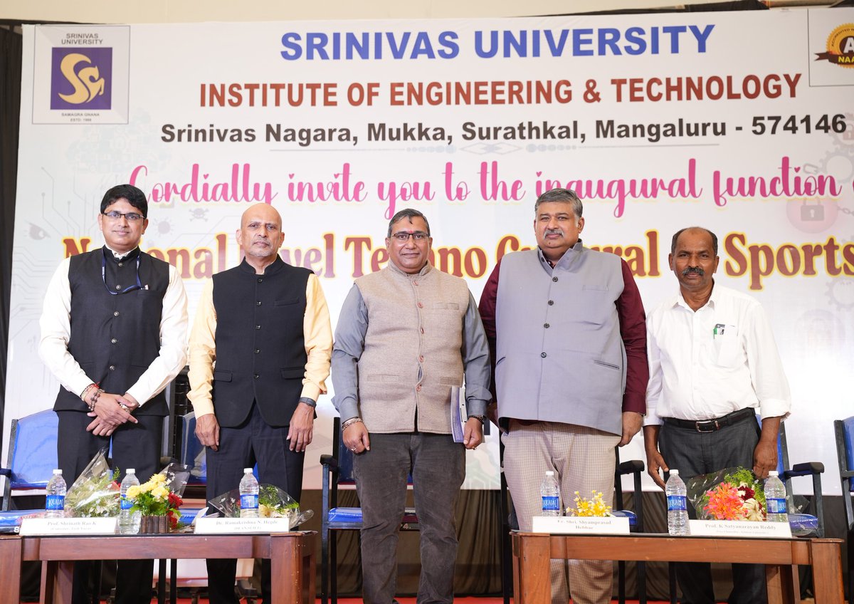 SUIET_Mukka's tweet photo. Dr. K. Sathyanarayana Reddy, Vice-Chancellor of #SrinivasUniversity presided over the program. Dr @RKHEGDE2 (Dean #SUIETMukka) delivered welcome address. Convenor of #TechYuva @ProfSRK introduced the Chief Guest. Dr Praveen B M (Director-Research) delivered Vote of Thanks. (3/n) https://t.co/HDrHuNkpyX