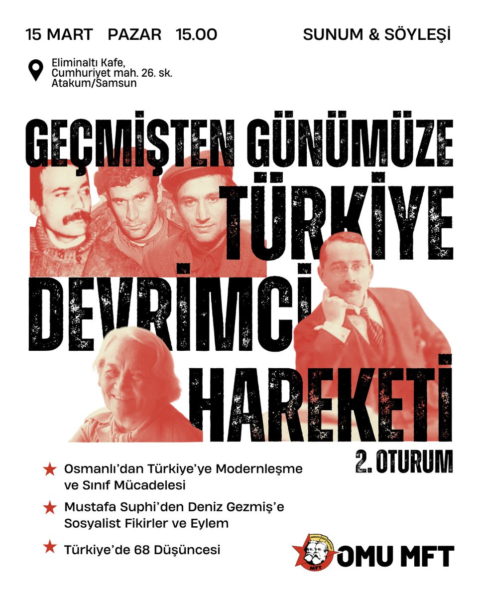Bu hafta, Türkiye Devrimci Hareketi etkinliğinde kaldığımız yerden devam ediyoruz!

➡️Yer: Atakum Eliminaltı Kafe

➡️Tarih: 15 Mart Pazar, saat 15.00

Etkinliğimize katılım ücretsiz olup ilgilenen tüm dostlarımızı bekleriz.

#samsun
#samsunüniversitesi
#omü