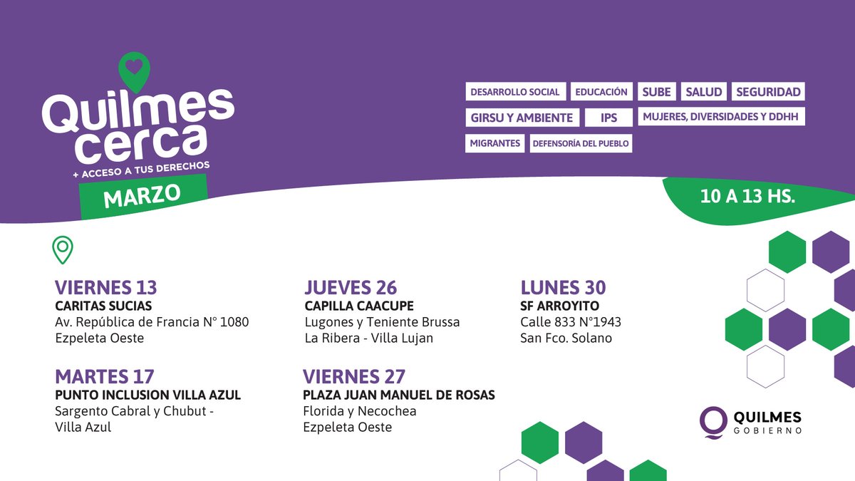 QuilmesMuni's tweet photo. 🤝 Conocé el cronograma mensual de los operativos #QuilmesCerca y acercate al lugar más cercano a tu casa para recibir asesoramiento o gestionar tus trámites.

#SeguimosParaAdelante☀️💜 https://t.co/r5D8n6uOoT