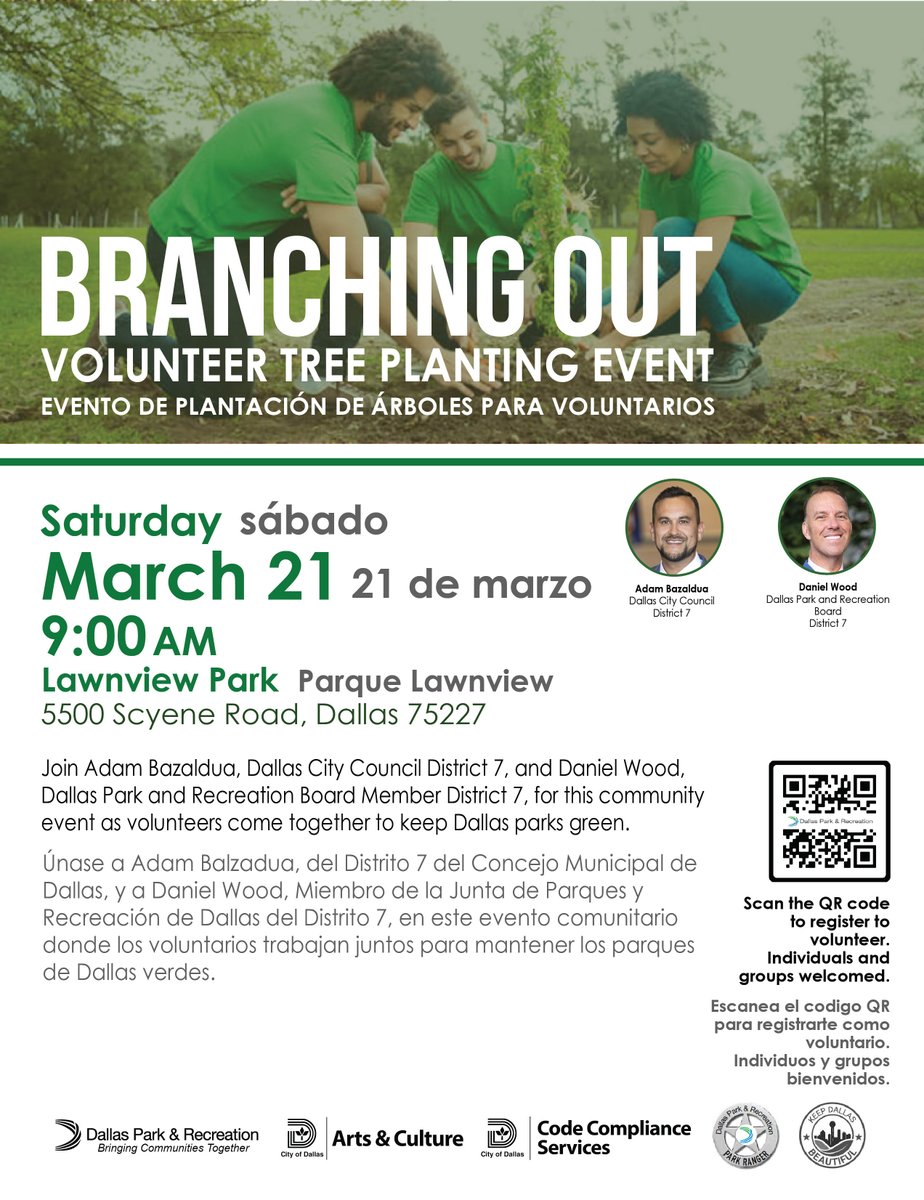 DallasParkRec's tweet image. 🌳 Branch into spring with #BranchingOut!
Help #DallasParks reforest our communities one park at a time! 

bit.ly/3NXYxvY

🌳 ¡Da la bienvenida a la primavera con #BranchingOut!
¡Ayuda a #DallasParks a reforestar nuestras comunidades, parque por parque!