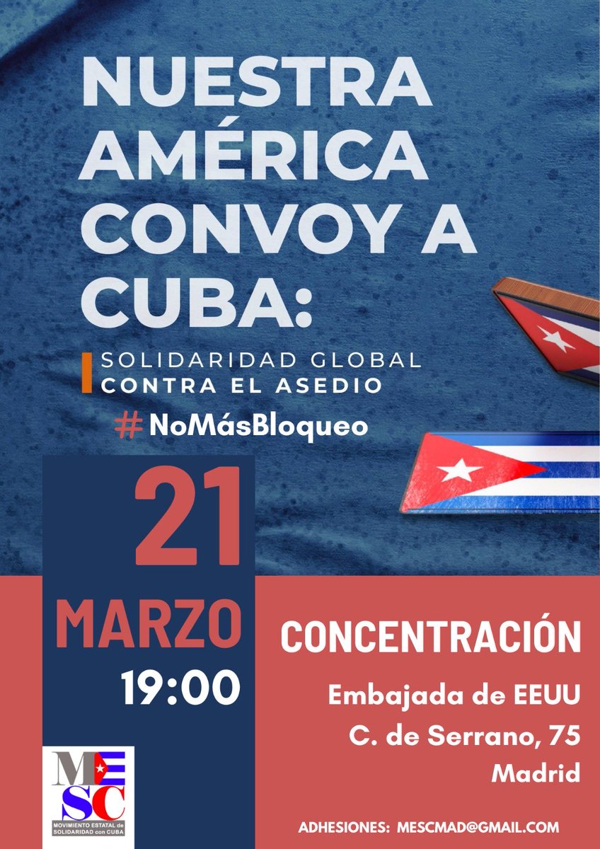 🚨 Mientras EEUU intenta asfixiar a Cuba con un #BloqueoGenocida, la solidaridad internacional responde en las calles. Madrid también alzará la voz.

🇨🇺 El Movimiento Estatal de Solidaridad con Cuba (MESC), que agrupa a más de 60 organizaciones y colectivos de solidaridad con