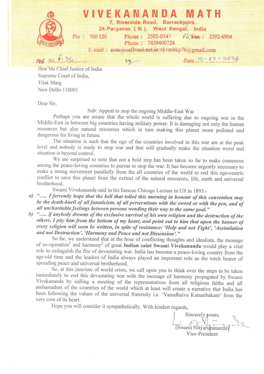 Our letter to Honble President,  Honble PM and Honble Chief Justice of India to stop middle east war. Please spread the message.