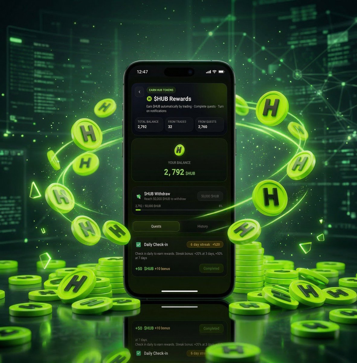 Trading just got rewarded.

$HUB rewards are now live inside Hub AI Trader.

Trade.
Complete quests.
Earn $HUB.