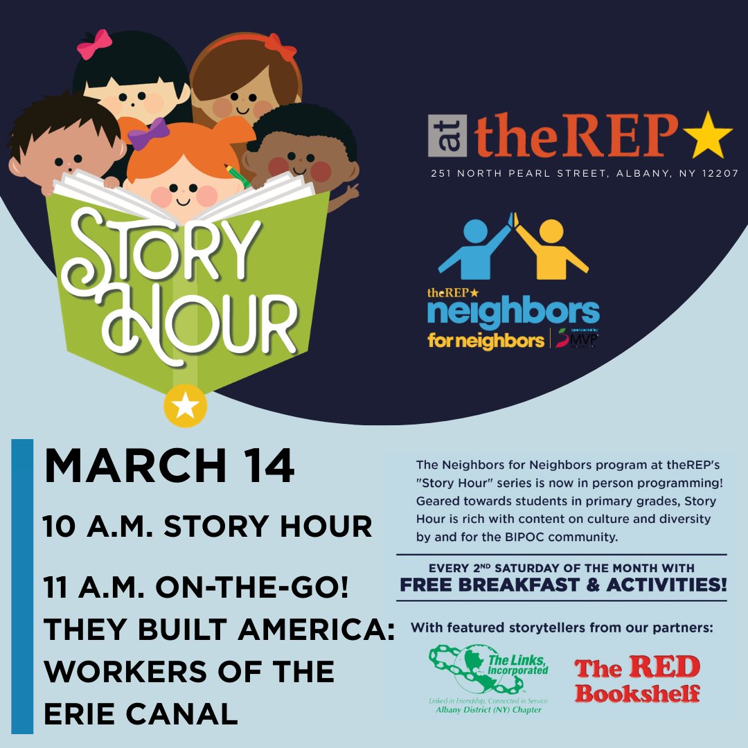 Schedule change for this weekend's Story Hour at theREP! Join us at 10 a.m. for free snacks, stories, and music! Then grab some tickets to our 11 a.m. On-the-Go Touring Production "They Build America: Workers of the Erie Canal!" >> bit.ly/4rwbATo