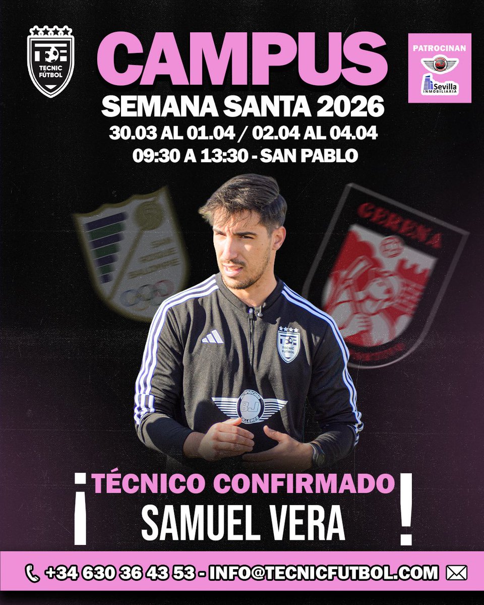 🔝 Samu Vera ➡️ ¡𝐂𝐚𝐦𝐩𝐮𝐬 𝐒𝐞𝐦𝐚𝐧𝐚 𝐒𝐚𝐧𝐭𝐚 𝟐𝟎𝟐𝟔! 🤩⚽

📅 30 de marzo al 1 de abril / 2 al 4 de abril
🕒 De 09:30 h. a 13:30 h.

630 36 43 53 | info@tecnicfutbol.com

⚠️ ¡Plazas disponibles, no te quedes sin la tuya!

🌐 tecnicfutbol.com

#TECNICFÚTBOL ⚫⚪