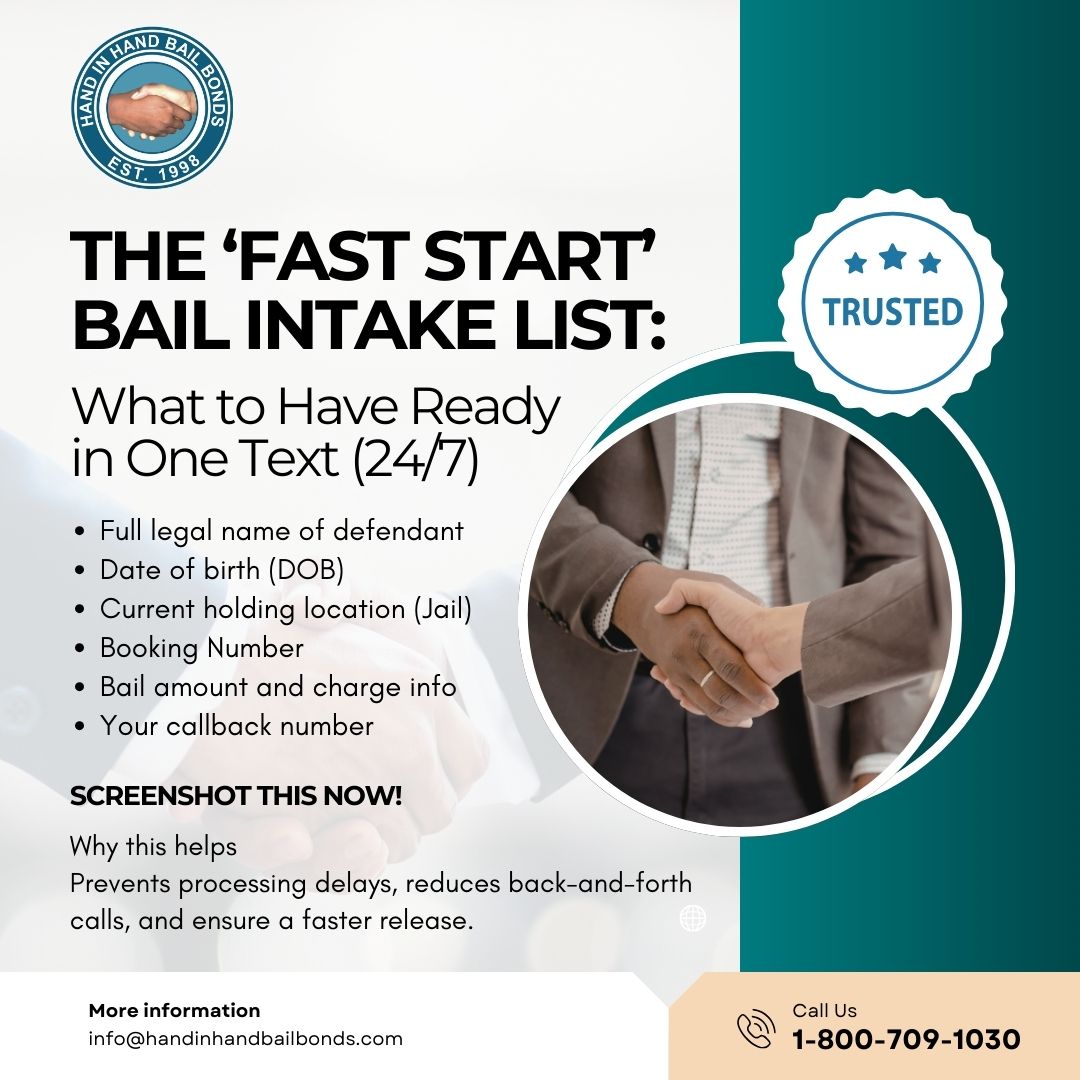 HandInHandBail's tweet image. Use our Fast Start Intake List to speed up bail processes 24/7—everyone deserves help when it matters. Screenshot now and DM 'LIST' to confirm! #BailSupport #24SevenService #HelpingHand #KnowYourRights #TrustedSince1998