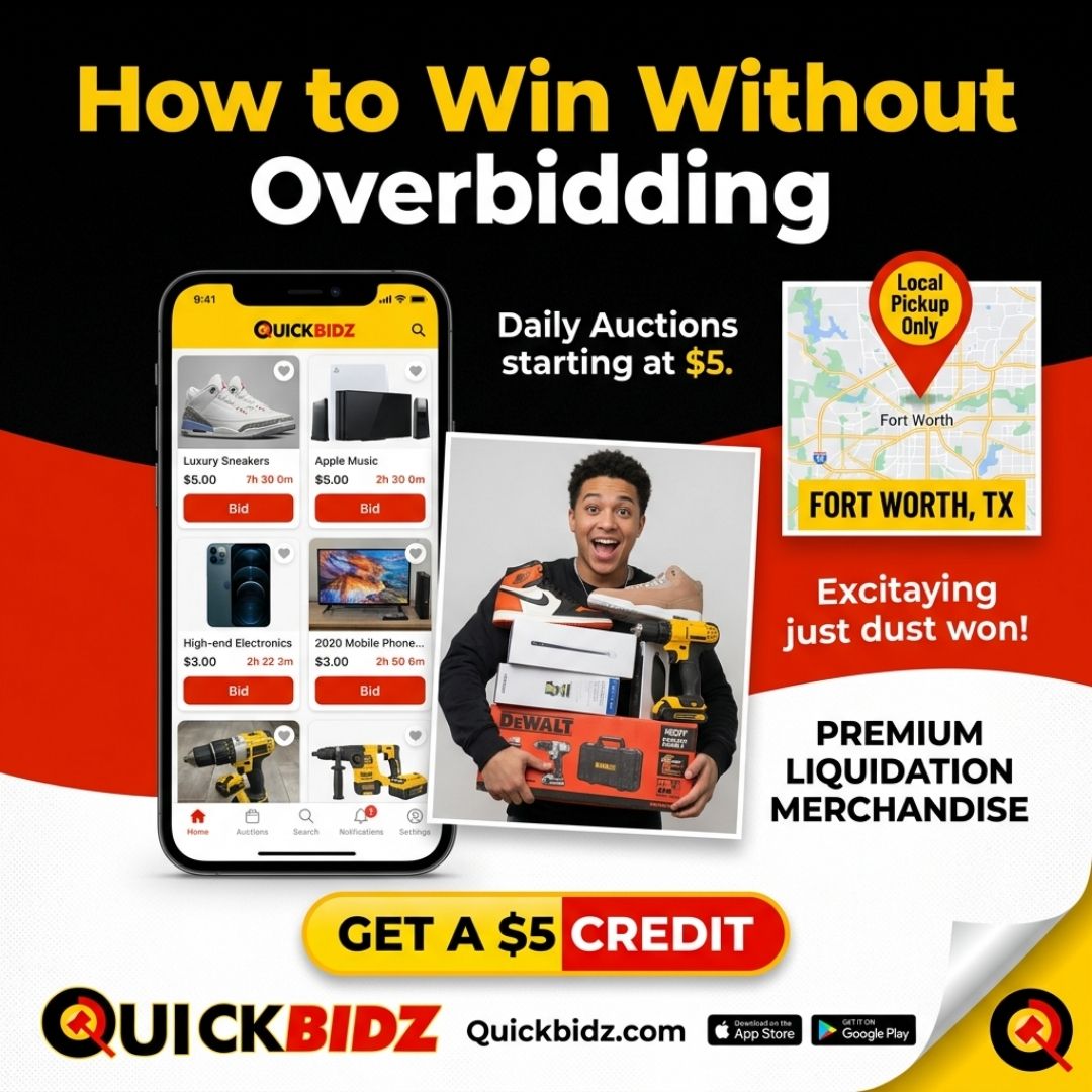 quicklotz's tweet image. Master your bidding game with a few quick auction tips and jump into Daily Auctions starting at just $5—register now for your $5 credit and score premium liquidation merchandise with local pickup in Fort Worth, TX! #AuctionTips #BidSmart #DailyAuctions #FortWorthTX #Save...
