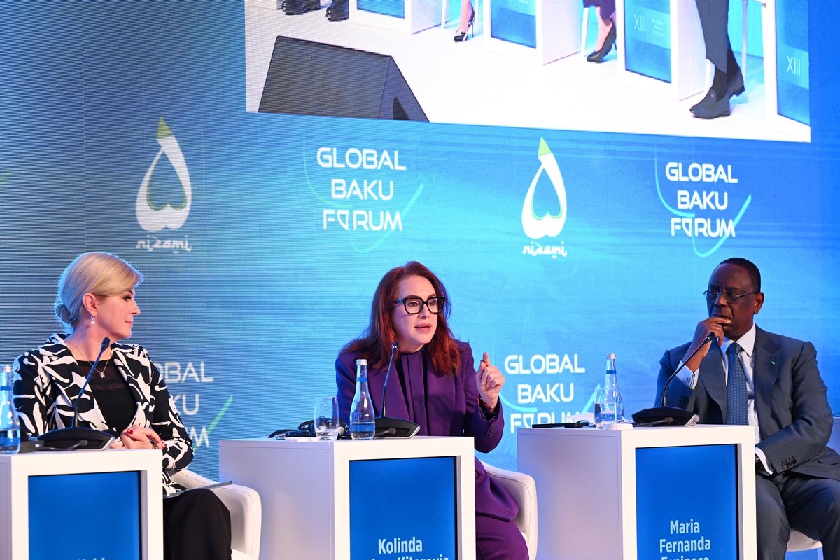 NizamiGanjaviIC's tweet photo. PANEL 2: Multilateralism in Crisis: Rethinking Global Cooperation

Speakers:
- Vaira Vike-Freiberga (@VairaVF ), Co-Chair, NGIC; President of Latvia 1999-2007
- Hikmat Hajiyev, Assistant to the President of the Republic of Azerbaijan, Head of the Department of Foreign Policy Affairs of the Presidential Administration of the Republic of Azerbaijan
- Jan Kubis (@UNJanKubis ), Advisor to President of Slovakia for Foreign Policy and International Relations; former Special
Representative of the SG for the UN Mission in Tajikistan, Afghanistan, Iraq, Lebanon and Libya; Secretary- General, OSCE 1999-2005; EU Special representative for Central Asia 2005-2006; Minister of Foreign Affairs of Slovakia 2006-2009; Executive Secretary of the UN ECE 2009-2011
- Kolinda Grabar-Kitarovic (@KolindaGrabar ), President of Croatia 2015-2020
- Maria Fernanda Espinosa (@mfespinosaEC ), President of the 73rd Session of the UN General Assembly; Minister of Foreign Affairs of Ecuador 2017-2018
- Macky Sall (@Macky_Sall ), President of Senegal 2012-2024 President of Senegal 2012-2024; Prime Minister of Senegal
2004-2007; Chairperson of the African Union 2022-2023
- Benita Ferrero-Waldner, Foreign Minister of the Republic of Austria 2000-2004; European Commissioner for
External Relations and European Neighborhood Policy 2004-2009; European Commissioner for Trade and European Neighborhood Policy 2009-2010

#XIIIGlobalBakuForum #GlobalBakuForum
#GBF #XIIIGBF