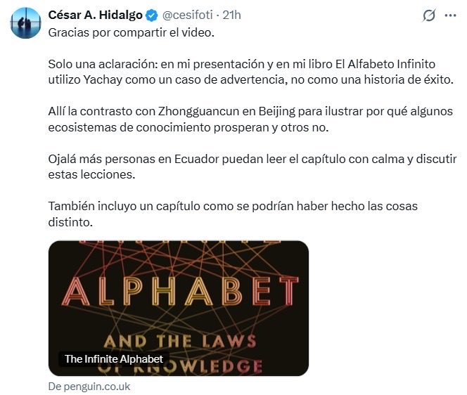 Correa tuitea orgullosísimo que el físico César Hidalgo pone a Yachay como ejemplo. Hidalgo le agradece la cita y le aclara que efectivamente usó Yachay como ejemplo… de lo que no se debe hacer. 

Gracias internet.