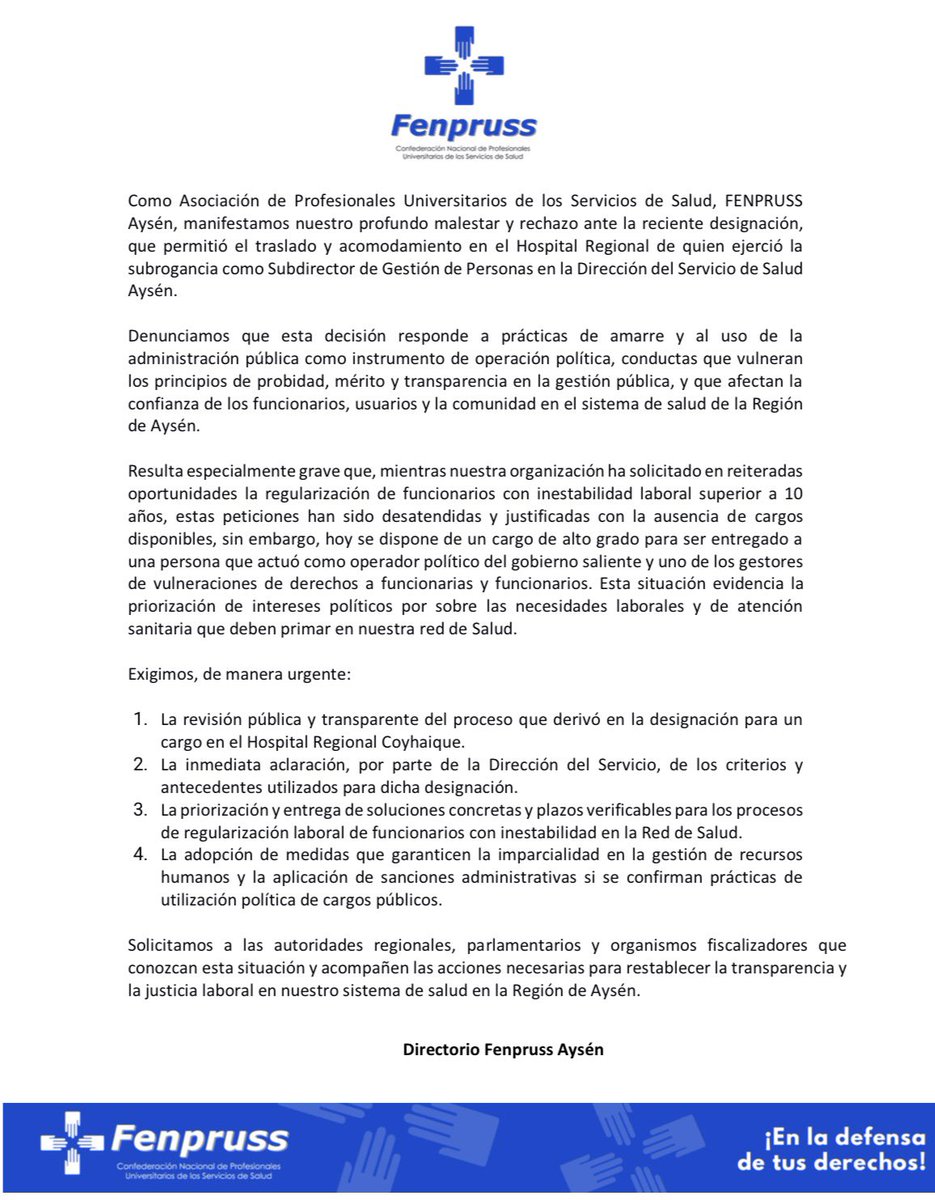 #ComunicadoPúblico 🔵 Como directorio de <a href="/Fenpruss/">Confederación Fenpruss</a> #Aysén presentamos nuestro rechazo al acomodamiento de ex Subdirector de Gestión de las Personas del Servicio <a href="/SaludAysen/">SaludAysen</a> <a href="/ministeriosalud/">Ministerio de Salud</a> <a href="/SantaMariaTV/">Santa Maria TV</a> <a href="/Ventisqueros/">radio ventisqueros</a> <a href="/RadioGenial/">Radio Genial Coyhaique 100.5</a> <a href="/AlejandraAysen/">Alejandra Valdebenito</a> <a href="/alinco_rene/">René Alinco Bustos</a>