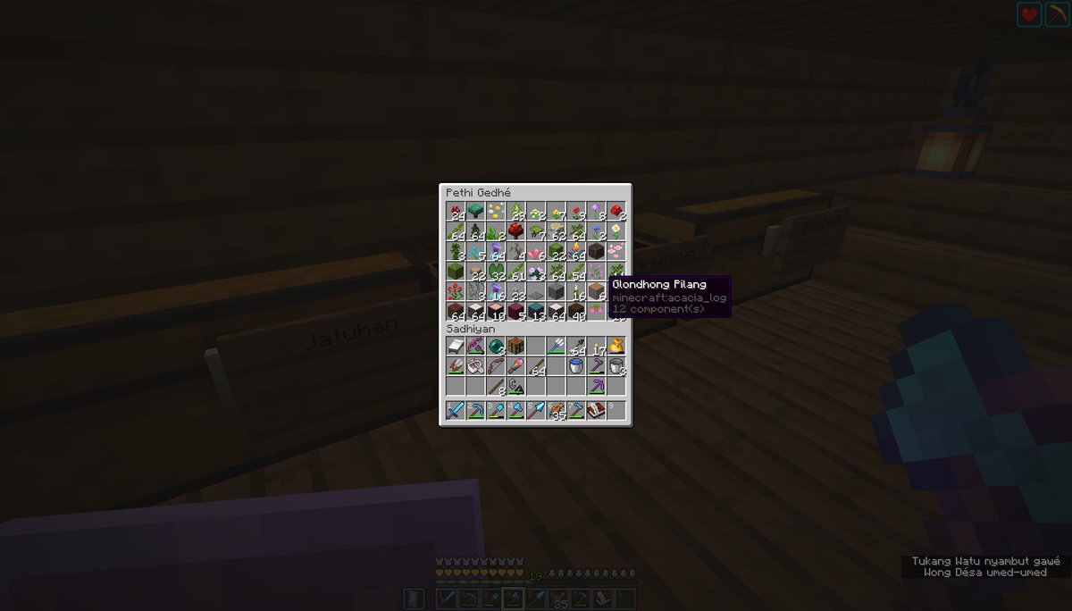 Javanese Translations version 1.21.11 beta 4 changelog:

Translation percentage: 49%.

Changes:
-Tweaked some translations.
-Translated all "argument.*" and "chat.*" strings and all remaining advancement titles and descriptions

Resource pack link: modrinth.com/resourcepack/j…