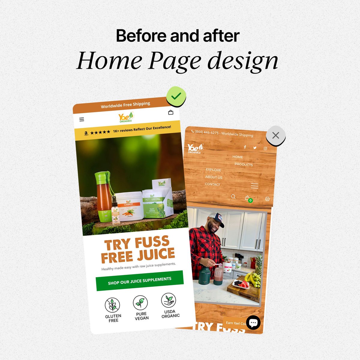 DevelopiosA's tweet photo. 𝐁𝐞𝐟𝐨𝐫𝐞 &amp; 𝐀𝐟𝐭𝐞𝐫 : Fuss Free Juice Homepage Audit
Good product. Weak homepage. So we fixed it.
6 small changes. Completely different first impression. 🎯
📩 Want a FREE audit? DM us.
#webdesign #homepageaudit #beforeandafter #uxdesign #ecommerce https://t.co/3wAAanhIon
