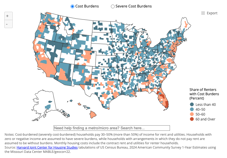 JoshuaFechter's tweet photo. Important visual from @Harvard_JCHS this A.M.:

A majority of renters in most of TX biggest metros are "cost-burdened," meaning they spend at least 30% of their $$$ on rent.

They're under similar pressure to renters in major metros in CA &amp; NY. https://t.co/N3ADuvsgfd