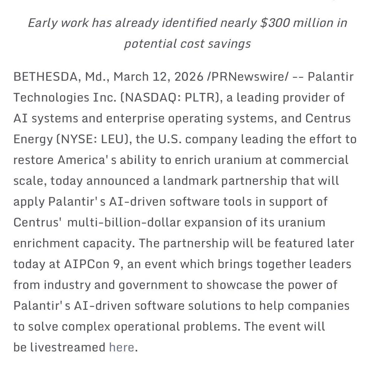 UnoMasReactor's tweet photo. Centrus $LEU Partners with Palantir $PLTR to Drive Cost Savings and Unlock Operational Efficiencies in Major Expansion of U.S. Uranium Enrichment Capacity

“Centrus and Palantir have already identified nearly $300 million in potential cost savings and efficiencies”

🔗 below https://t.co/W4gqGaY4np