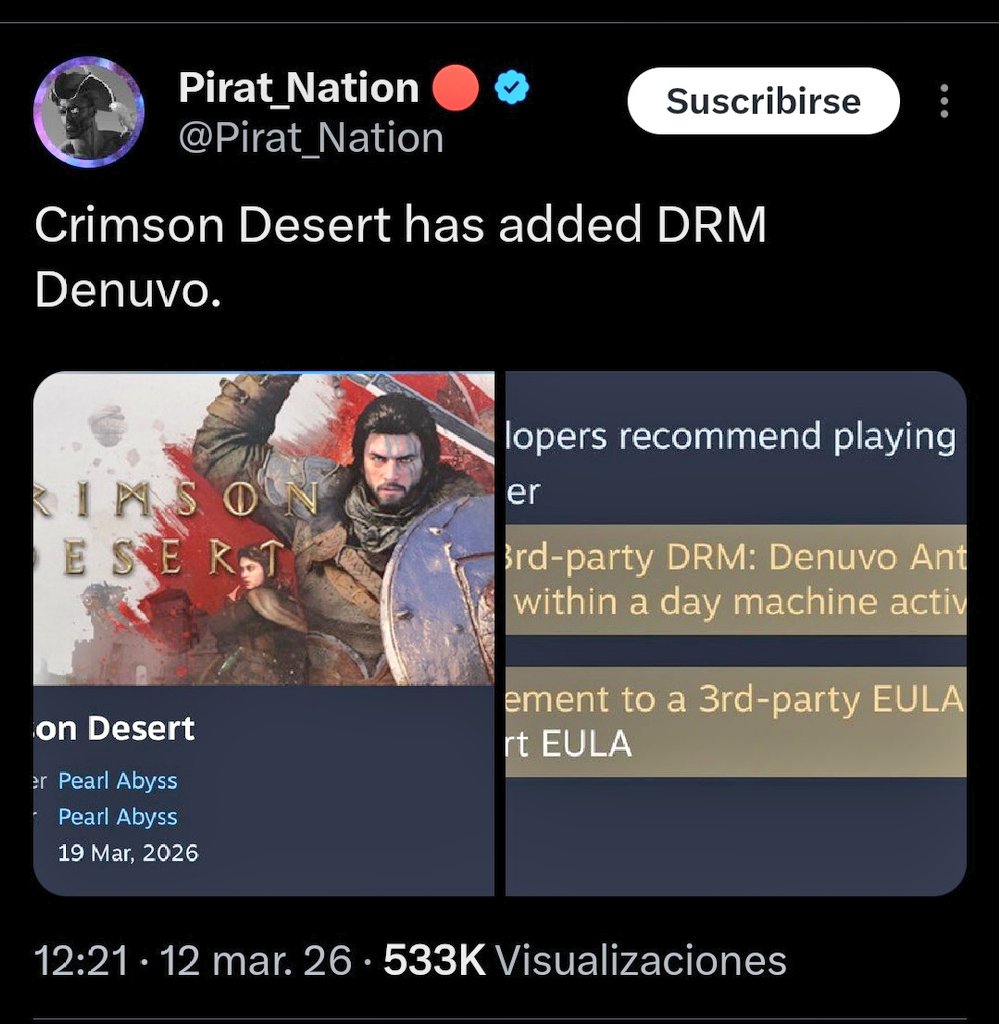 ALEX2047tv's tweet image. A una semana del lanzamiento de CRIMSON DESERT, y después de haber vendido lo que no está escrito en PC, anuncian que lleva Denuvo

Menuda jugada más cerda

Dan ganas de Cancelar la Compra