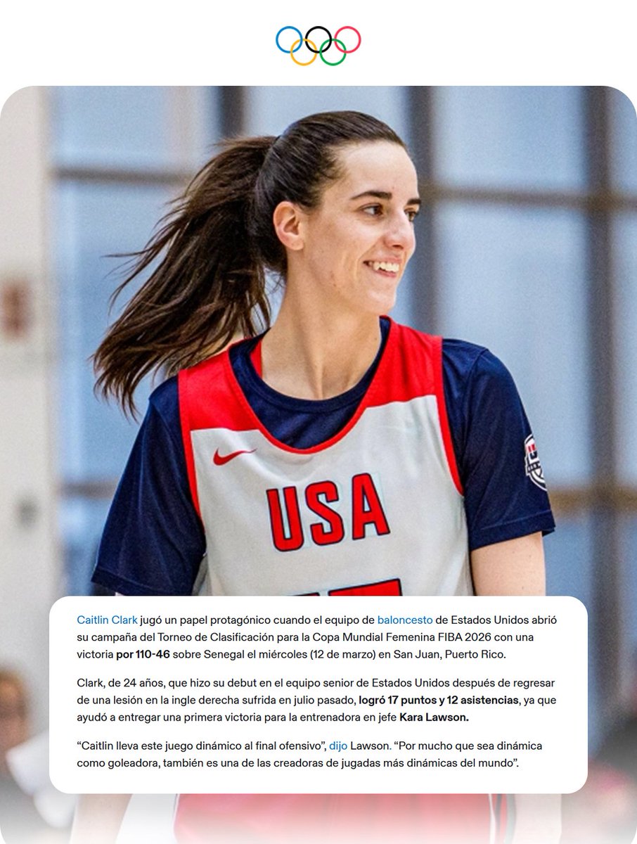 📰 | Abro mini hilo de algunas repercusiones en medios del partido de Caitlin ayer vs Senegal.

Juegos Olímpicos: "Caitlin Clark brilla en su debut senior del equipo estadounidense". 

Link: olympics.com/en/news/fiba-w…