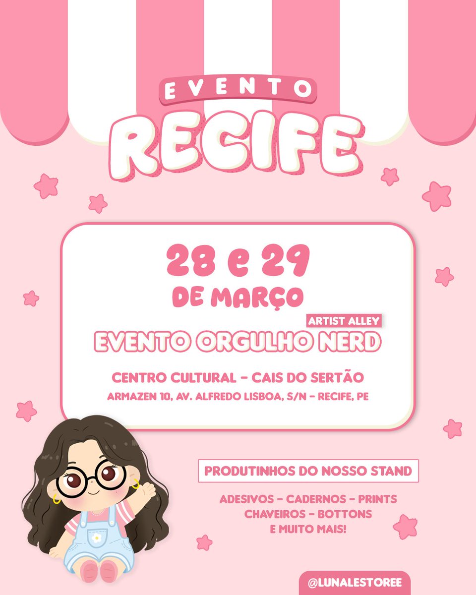 📍Recifeeeee! Estou chegando 💖

Nos dias 28 e 29 de março, estarei no evento @eventoorgulhonerd 💌

O evento será no Centro Cultural - Cais do Sertão, será das 14h00 às 20h00.

🍡 No stand da Lunale vocês irão encontrar muitos produtinhos fofos!

Com carinho,
Mari 💌