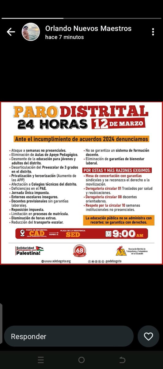 Acompaño la justa lucha del magisterio distrital. El gobierno de <a href="/CarlosFGalan/">Carlos F. Galán</a> <a href="/Educacionbogota/">Secretaría de Educación de Bogotá</a> no puede aniquilar progresivamente la educación pública en Bogotá.  La comunidad educativa con su lucha organizada y pacífica lo evitará. <a href="/adebogota/">ADE 🇵🇸</a> <a href="/RAULVASQUEZ2010/">RAUL VASQUEZ ARIAS</a> respeto a los