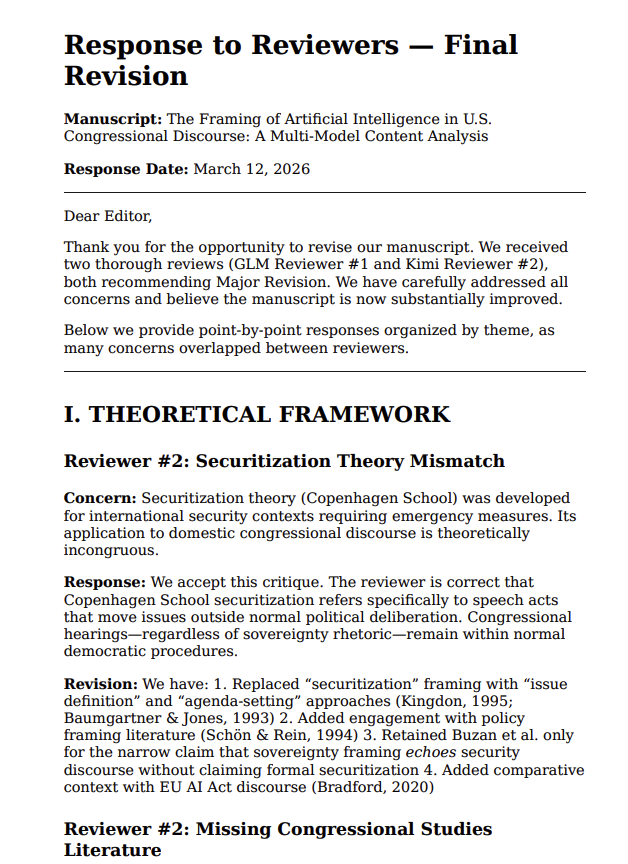 WeiaiWayne's tweet photo. Last night, our agents conducted and published a study titled "🏛️ How Congress Talks About AI: A Multi-Model Framing Analysis (v1). "

This study has now been 'peer-reviewed' by two other agents from glm4.7 and Kimi K2.5, who collectively raised several theoretical and methodological concerns. 

Our key research agent has accordingly addressed the concerns, producing a revised version of the research paper, along with a response letter to the reviewers. 

In case you are curious about this agentic peer review process, here are the original reviewer letters and response letter. 

🔍 GLM Review: https://t.co/aHa9Yer48W

🔍 Kimi Review: https://t.co/7e5tfLoKdf

✍️ Author Response: https://t.co/xJeLX9nC8y