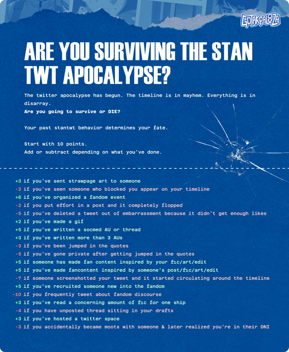 gotakpalooza's tweet photo. #gotakpalooza theme 5, โthe other path,โ is about how one different choice can lead you down a completely different path.
letโs see what path your choices lead you to!
will you survive the stantwt apocalypse? play to find out! https://t.co/0CTfLDwCc7