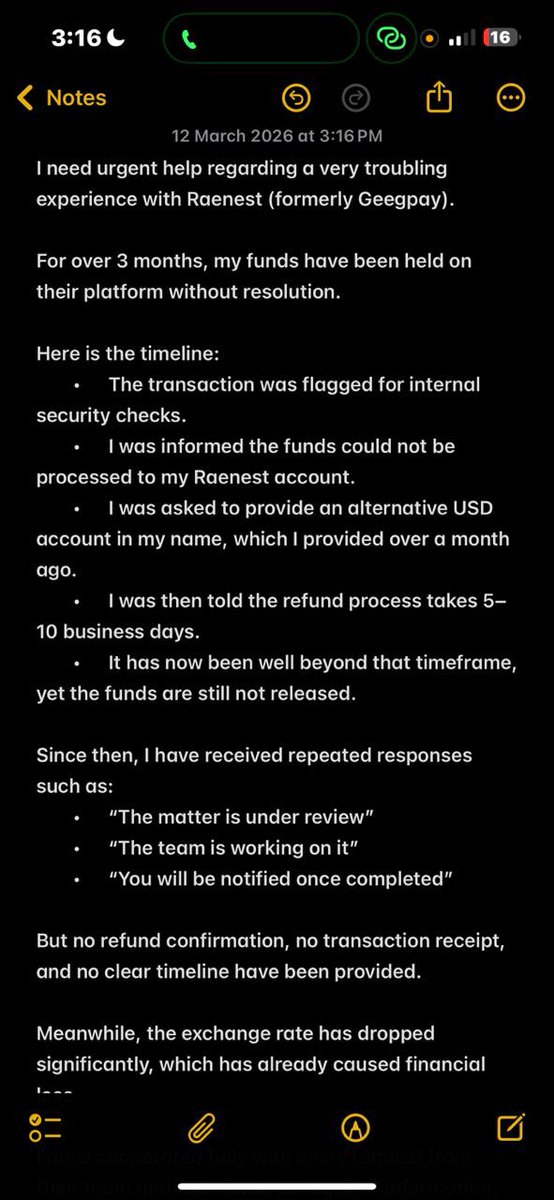fosileme's tweet photo. @SuperteamEarn @RaenestApp Public warning about Raenest (formerly Geegpay).

My funds have been stuck on their platform for 3+ months.

Every time I follow up:
“Under review.”  
“Team is working on it.”  
“You will be notified.” https://t.co/11iGokWKGe