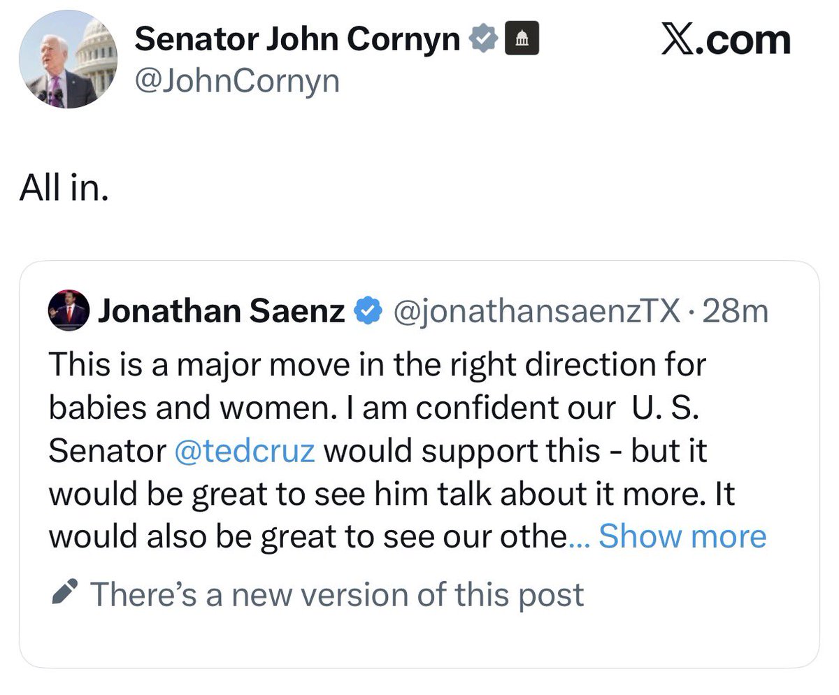 Senator John Cornyn (R-TX) endorses Hawley’s proposal to ban the use of Mifepristone, a birth control drug