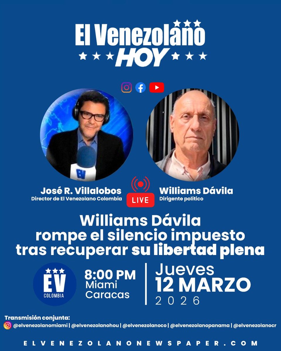 🔴Este jueves #12Marzo tenemos una cita con: 
EL VENEZOLANO HOY 

El dirigente político <a href="/williamsdavila/">Williams Dávila</a> rompe el silencio tras recuperar su libertad plena: estuvo casi año privado de libertad en #Venezuela.

En conversación con José Ramón Villalobos, director de @elvenezolanoco,