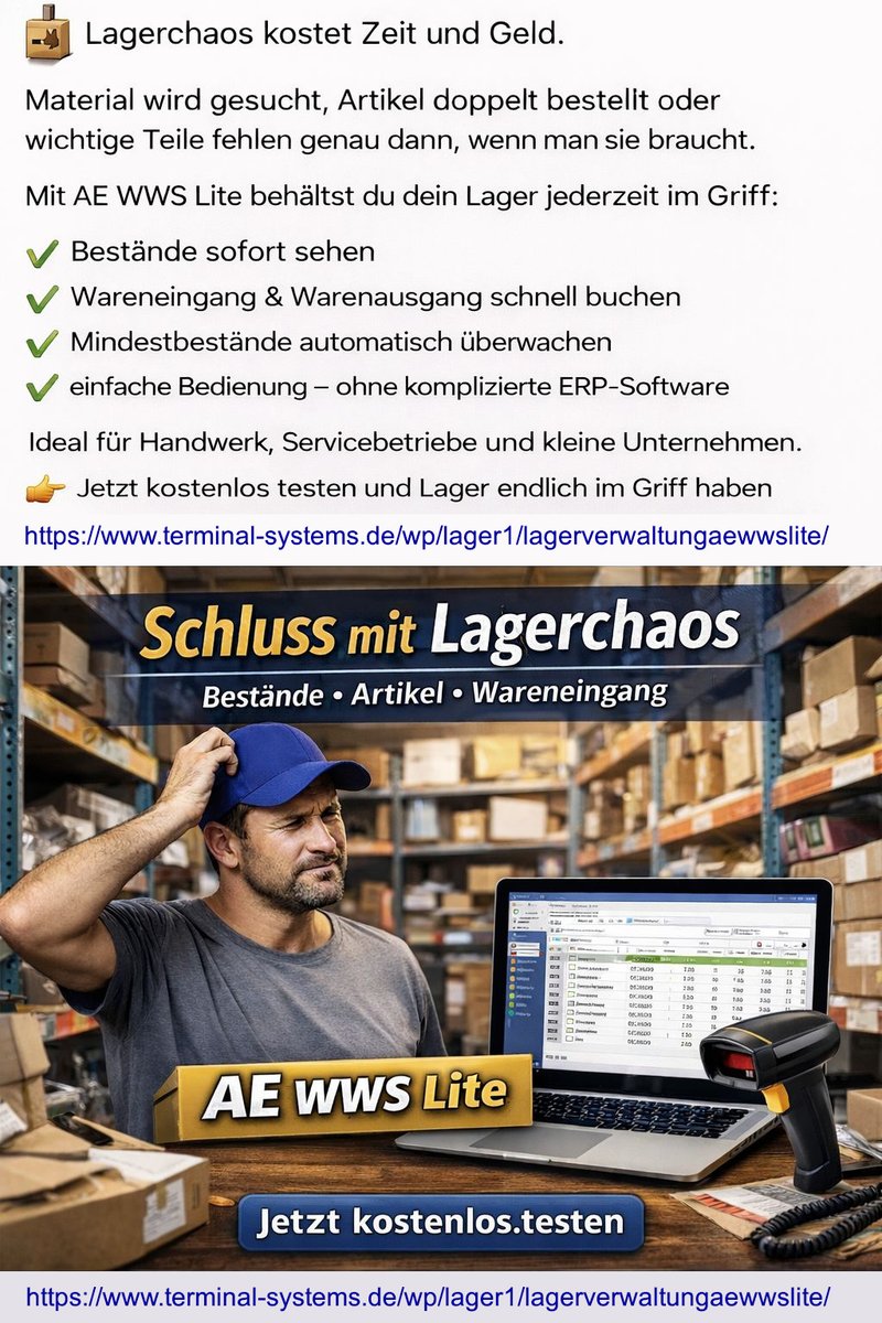 EmbeddedIT's tweet photo. Lagerchaos kostet Zeit und Geld.
Mit AE WWS Lite behältst du Bestände und Artikel im Blick.
#Lagerverwaltung #Handwerk #KMU https://t.co/RPyI38Q2wm