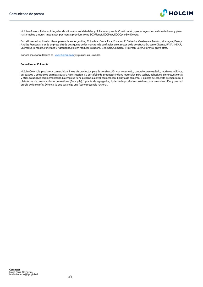 Holcim fortalece su presencia en Colombia y Latinoamérica.

Anunciamos la firma de un acuerdo para la adquisición de operaciones de materiales y soluciones para la construcción en Colombia. Con esta inversión, reafirmamos nuestro compromiso con el desarrollo del país.