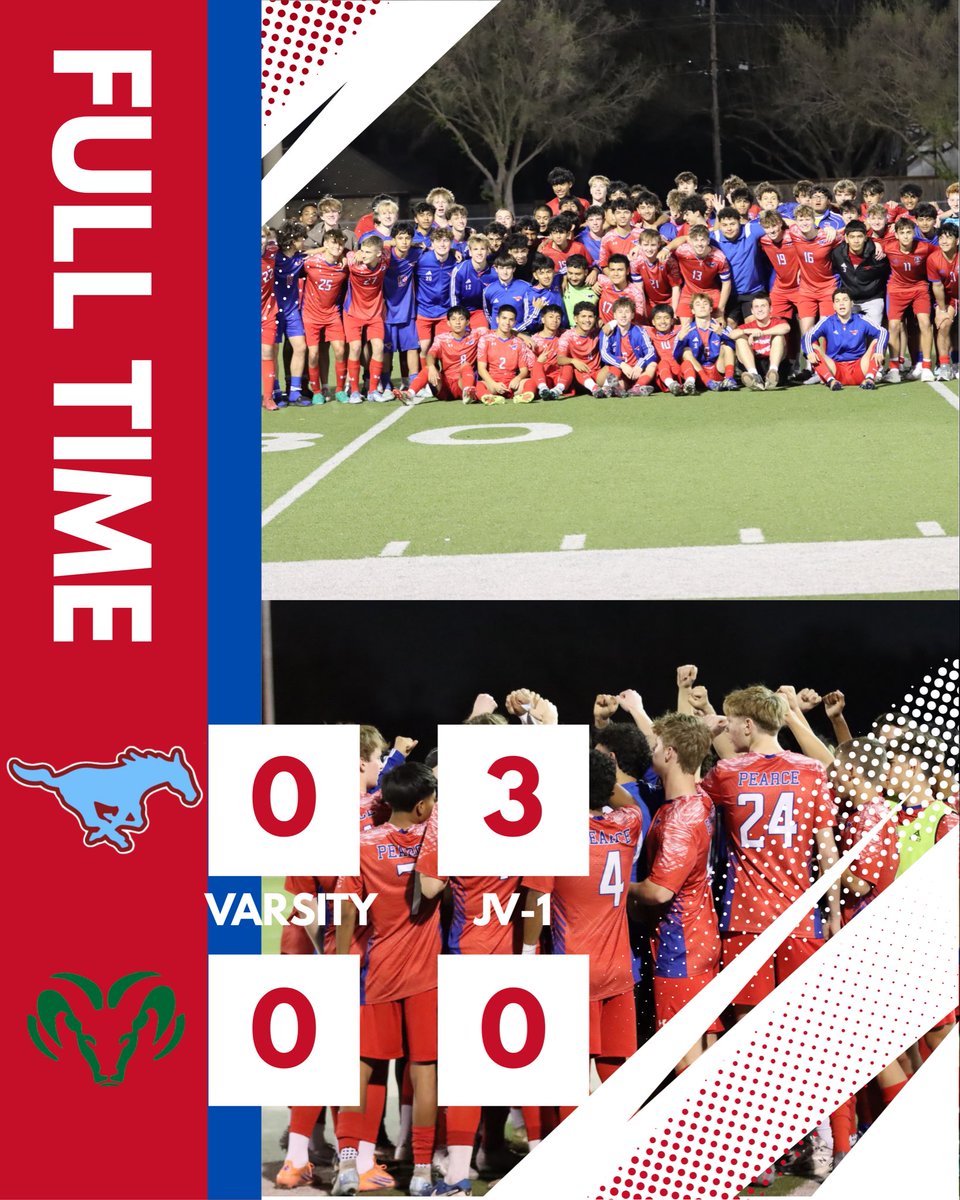 Final scores for our last district games of the season. Varsity tied Berkner 0-0 and JV-1 won 3-0. Playoffs start next week!

#mustangsoccer #compete
