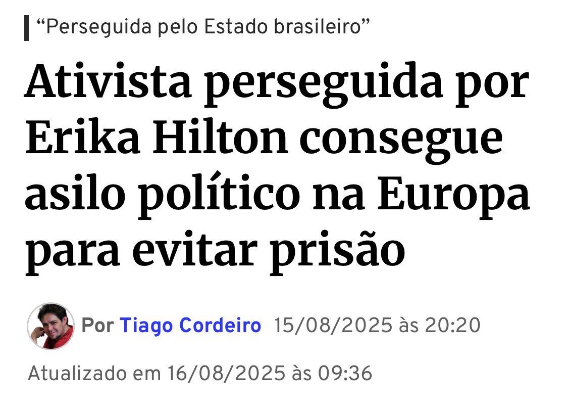 O problema no Brasil não é discordar, é que não podemos debater. Hoje, basta uma mulher questionar a escolha de Erika Hilton para a Comissão da Mulher para ser rotulada de transfóbica.

E sabemos o que a Érika Hilton faz com uma MULHER que não concorda com ela: usa o Estado