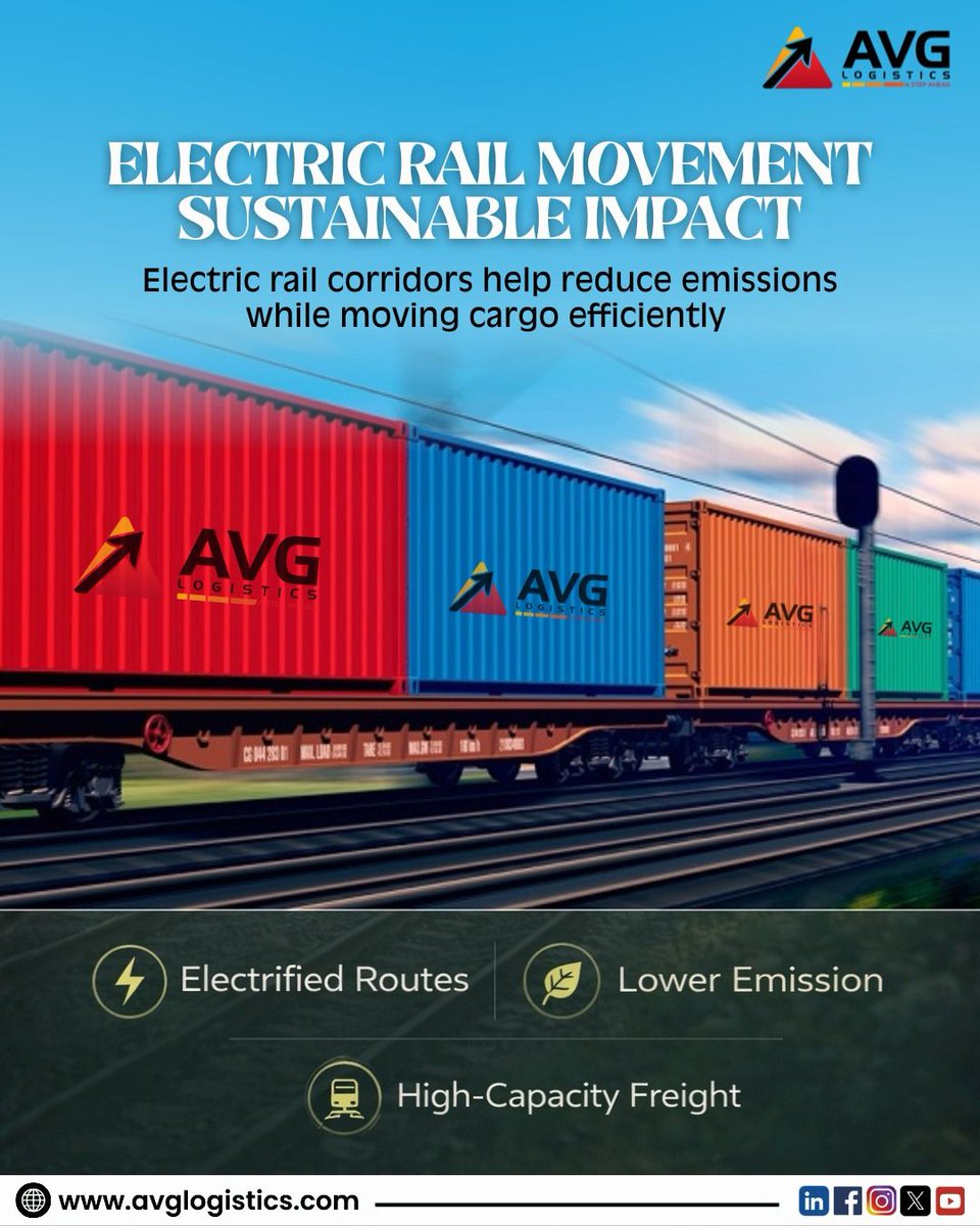 LogisticsAvg's tweet photo. At AVG Logistics, electrified routes and optimized long-haul planning enable high-capacity, low-emission cargo movement—reducing road dependency while keeping supply chains efficient and reliable.
#AVGLogistics #RailLogistics #GreenLogistics #ElectricRail #SustainableTransport https://t.co/yS3DdrreG9