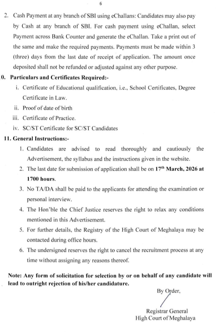 's tweet image. Direct Recruitment to Meghalaya Judicial Service - Civil Judge (Junior Division)-cum-Judicial Magistrate First Class-2026 
🔴 Last date:17th March 2026 
#Meghalaya #civiljudge #legal