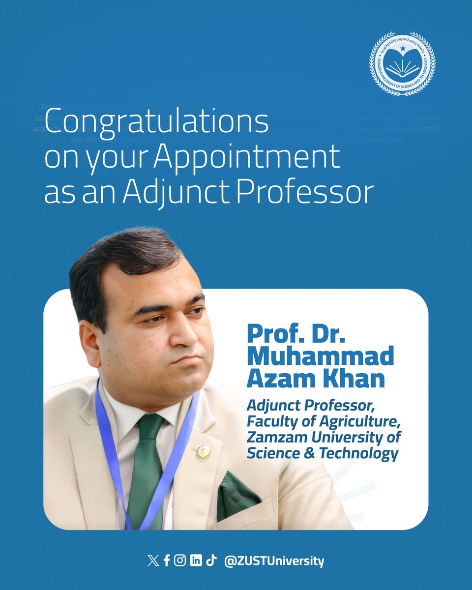 ZUSTUni's tweet photo. Congratulations on your appointment as Adjunct Professor at Zamzam University of Science and Technology (ZUST). Your expertise will greatly contribute to advancing academic excellence, research collaboration, and the development of agriculture and food security in Somalia. https://t.co/d5fwhecd6A