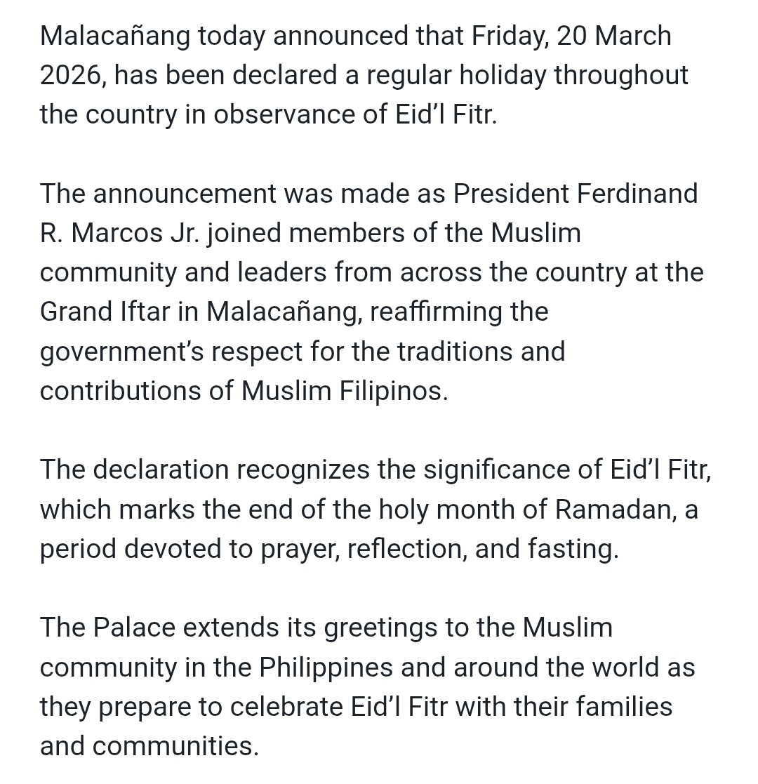 sam_medenilla's tweet photo. President Ferdinand Marcos, Jr. declared 20 March 2026 a regular holiday in observance if Eid'Fitr. @BusinessMirror https://t.co/GIDfi5gqpx