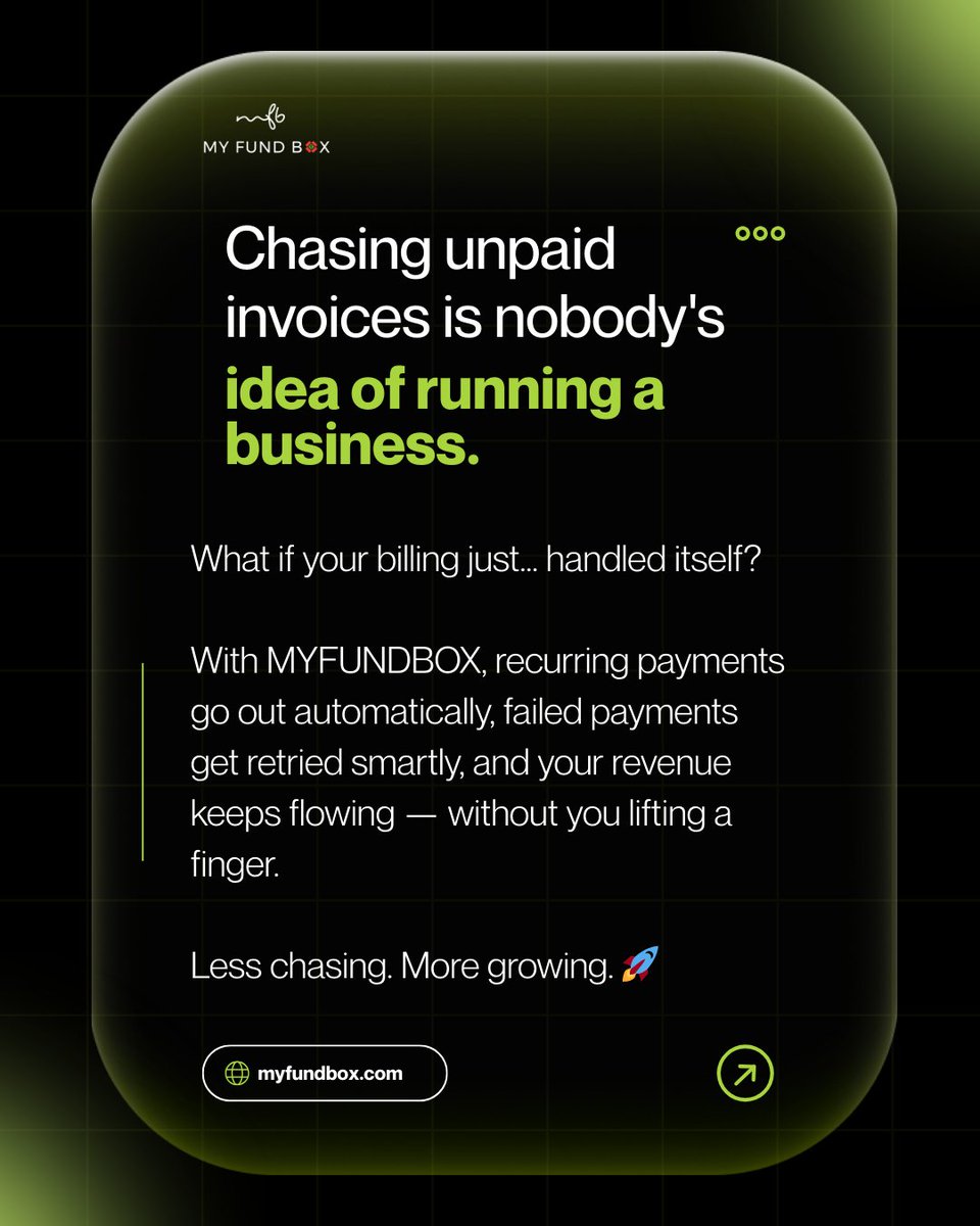MYFUNDBOX_Subs's tweet photo. Your billing should work while you sleep.

Chasing invoices? That's old school.

MYFUNDBOX automates recurring payments, retries failed ones, and keeps your revenue flowing — hands free. 

Less chasing. More growing.

#MYFUNDBOX #PaymentAutomation #RecurringBilling #Fintech https://t.co/JdbeLGdRZG