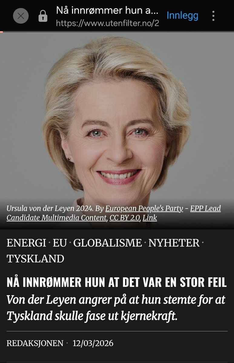 ann_heps38927's tweet photo. Ursula von der Leyen innrømmer nå: Utfasing av kjernekraft var en stor strategisk feil for Europa!
«Europa snudde ryggen til en pålitelig og rimelig lavutslippskraft.»
Endelig anger – men regningen har vi allerede betalt... 💸⚡️
#neitileu #utaveøs #Norgesdemokratene #Norge
@utenfilter_no
https://t.co/h251lzwh02