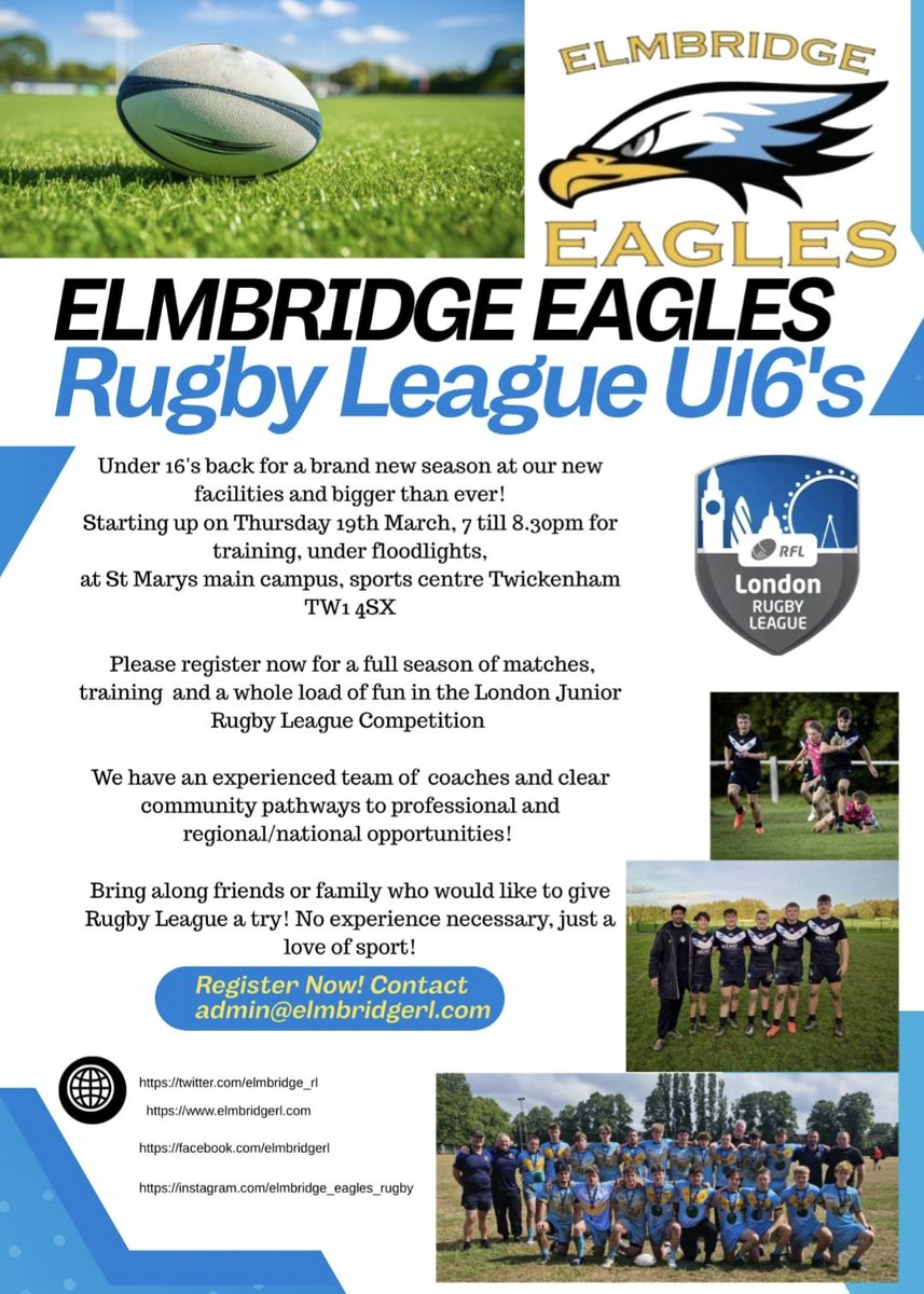 🏉 Anyone want to improve their rugby skills further, why not try Elmbridge Eagles Rugby league. Great club with fantastic coaches! 🏉