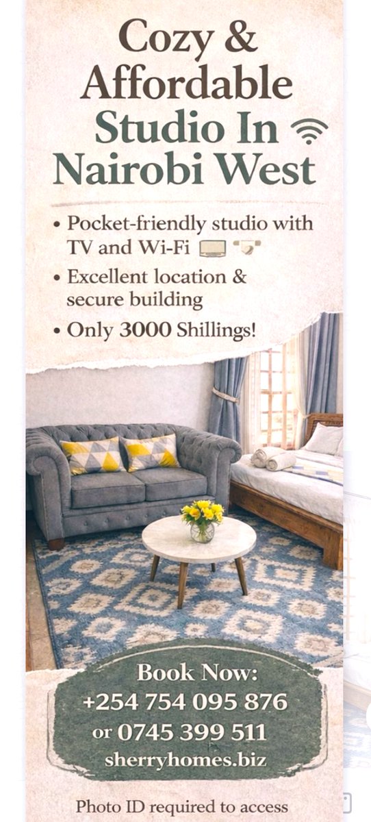 SherryHomes1's tweet photo. Perfect for Short/ Long Stays

Need a comfortable stay in Kilimani, Westlands, Kileleshwa, NairobiWest or South B?

Sherry Homes offers furnished studios,1, 2 &amp; 3 bedroom apartments with Wi-Fi and housekeeping.

Ideal for business or short stays.

Call +254704407677/0745 399 511 https://t.co/7OZKoJwcgc
