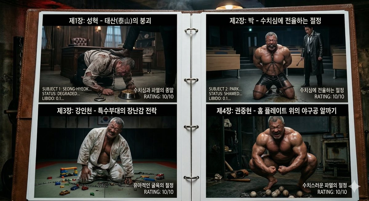 이룰거 다 이룬 회장님의 콤플렉스는 소추! 
소추 동지들과 함께 어린 돔에게 사육당하는 굴욕의 플레이라는 설정. 
왜 저는 보디빌더가 소추인게 맞다는 생각이 들까요.
우람한 알파메일들이 사실은 음란한 비밀을 숨기고 있는게 꼴리는 건 제가 반골이라 그런걸까 싶습니다.