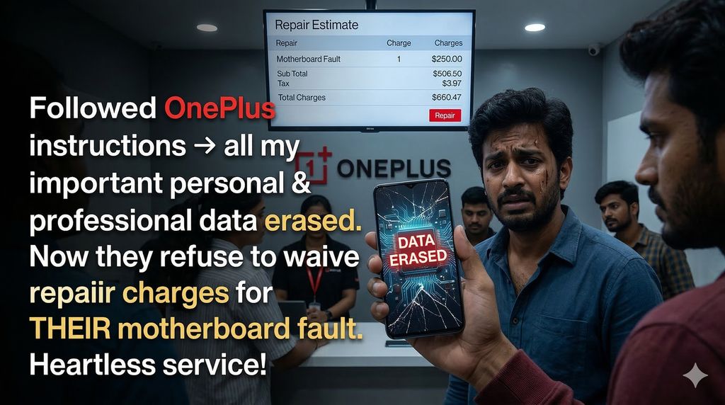 AsliAyurved's tweet image. Followed OnePlus instructions → all my important personal &amp;amp; professional data erased. after repetative request not to delete without my consent. Now they refuse to waive repair charges for THEIR motherboard fault. Heartless service! #OnePlusScam @OnePlus_IN, @OnePlus_Support,