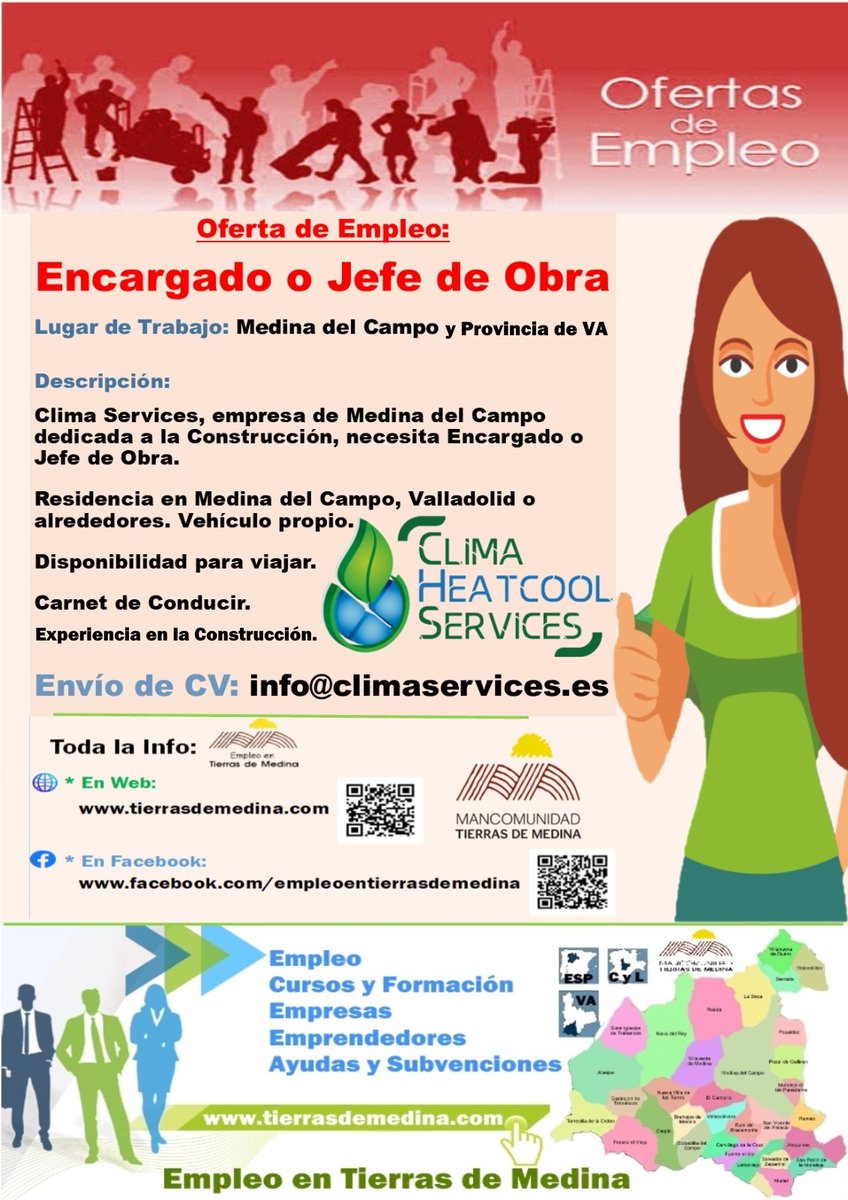 TierrasdeMedina's tweet photo. Oferta de #Empleo: #Encargado o #Jefe de #Obra en #MedinadelCampo y Provincia de #Valladolid 

#ClimaServices, necesita Encargado o Jefe de Obra

Vehículo propio
Disponibilidad para viajar
Carnet de Conducir
        
Envío de CV: info@climaservices.es 

#TierrasdeMedina https://t.co/asbfgA8zyE