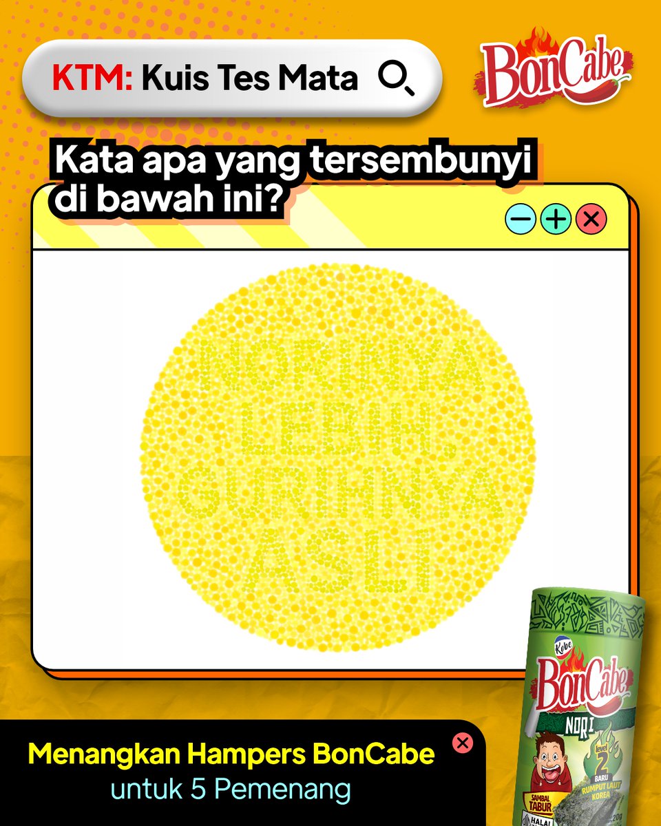 Sebelum buka puasa, test mata lagi yuk! Kira-kira masih pada fokus gak nihh? Coba tebak isi tulisan yang ada di gambar atas 😌

Tulis jawaban kalian di kolom komen dan menangkan hampers BonCabe untuk 5 pemenang 🙌🏻