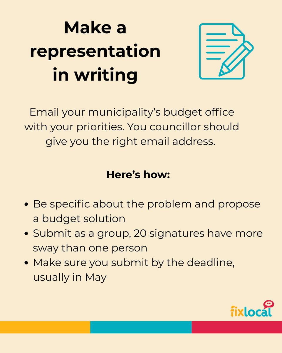 fixlocalorgza's tweet photo. Municipal budgets determine what gets built, fixed, and funded in your community. Now is the time to talk to your neighbours, your ward committee, and your councillor about what you think your municipality should spend money on.

Start by using fixlocal to get the contact details for your councillor https://t.co/WWWx8BYfxt

Read more about how help decide how your municipality spends public money on fixlocal https://t.co/JAGf0ClJud

#municipalbudgets #localgovernment #communityvoice #fixlocal