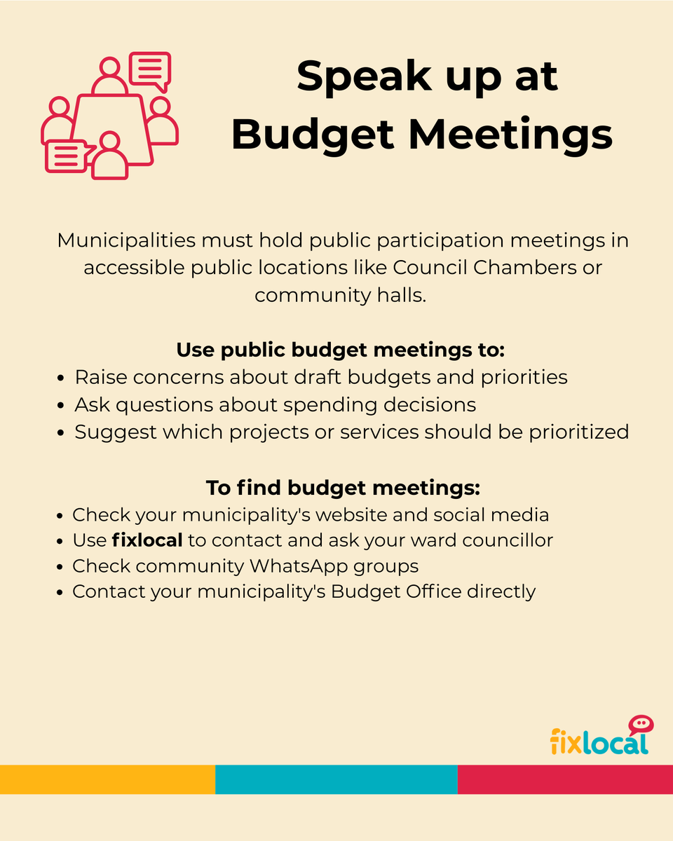 fixlocalorgza's tweet photo. Municipal budgets determine what gets built, fixed, and funded in your community. Now is the time to talk to your neighbours, your ward committee, and your councillor about what you think your municipality should spend money on.

Start by using fixlocal to get the contact details for your councillor https://t.co/WWWx8BYfxt

Read more about how help decide how your municipality spends public money on fixlocal https://t.co/JAGf0ClJud

#municipalbudgets #localgovernment #communityvoice #fixlocal