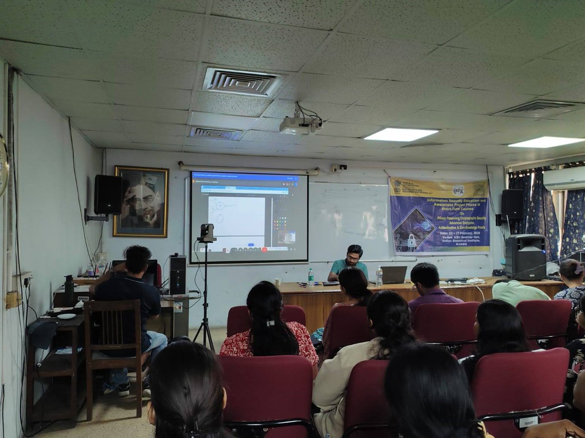 hridambasu's tweet photo. Gave an invited Lecture last month: "Arithmetization Schemes in ZKP" at a Short-Term Course and Hackathon on "Privacy Preserving Cryptographic Security: Advanced Encryption, Authentication and ZK Protocols" @ISIKolkata under @GoI_MeitY. Great to be back from where it all started! https://t.co/JESP2Lq5XJ