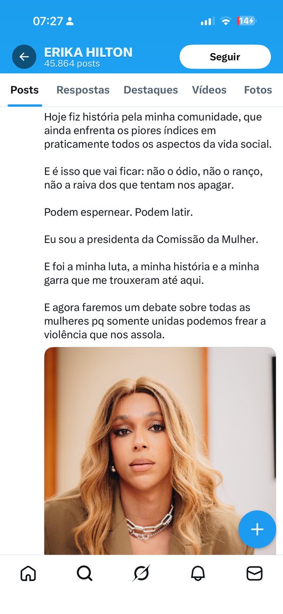 A Érika Hilton transforma todo debate em preconceito. Ela não tem capacidade de autorreflexão. Não cansada de chamar mulheres de “pessoas que gestam” na sua última postagem chama as mulheres que criticam a sua escolha para a Comissão dos Direitos das Mulheres de “imbeCIS”,