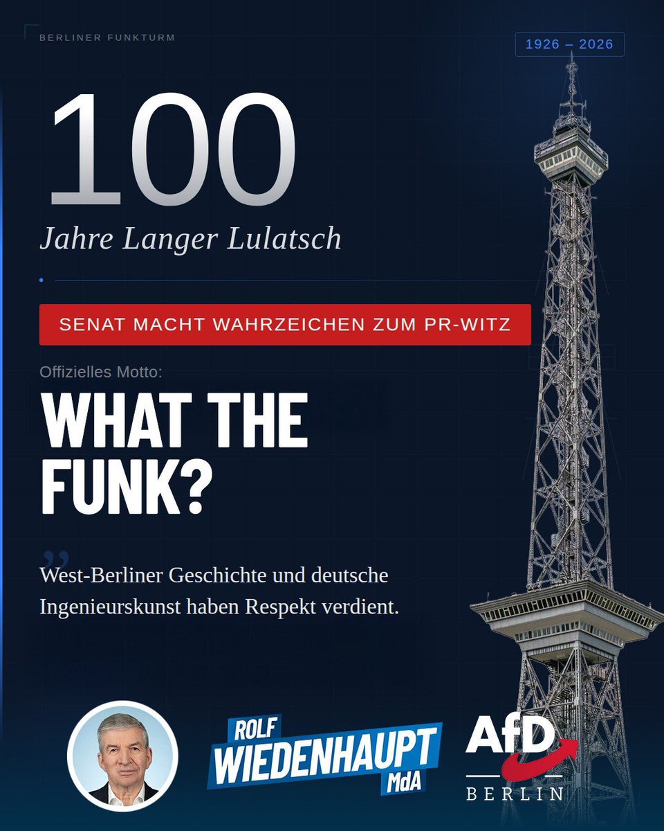 100 Jahre Funkturm Berlin. Am 20. März feiert die Messe Berlin den Auftakt zum Jubiläumsjahr. Das freut mich, denn der Funkturm gehört für mich zu Berlin wie kaum ein zweites Bauwerk.

Am 3. September 1926 eröffnet, entworfen von Heinrich Straumer nach dem Vorbild des