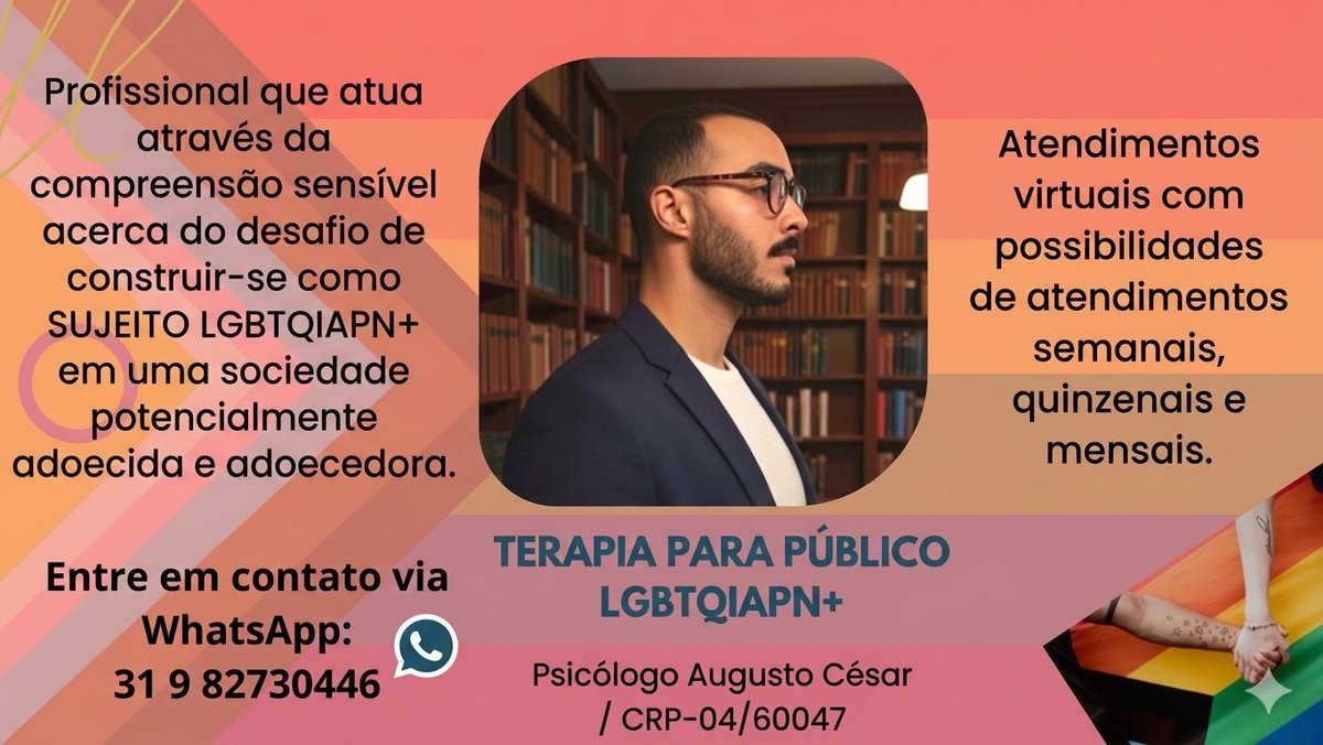 Construir-se como sujeito LGBTQIAPN+ pode ser um desafio em um mundo que adoece.

Como psicólogo, professor e pesquisador (Mestre/ Doutorando UFMG), ofereço um espaço de escuta qualificada e segura.🧠🏳️‍🌈🏳️‍⚧️

Atendimentos virtuais disponíveis.

Agende sua sessão: 31 98273-0446
